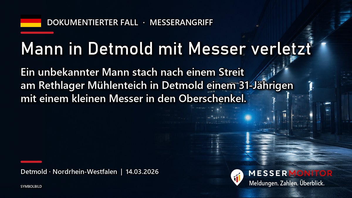 Titelgrafik: Mann in Detmold mit Messer verletzt. Ein unbekannter Mann stach nach einem Streit am Rethlager Mühlenteich in Detmold einem 31-Jährigen mit einem kleinen Messer in den Oberschenkel..