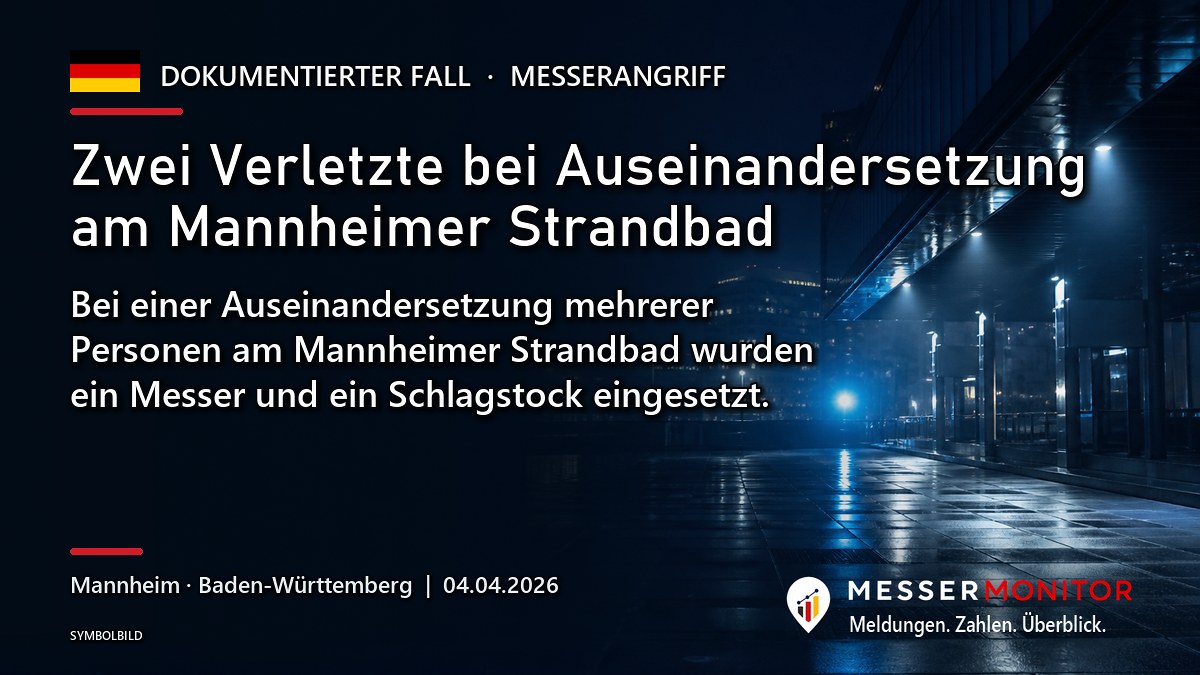 Titelgrafik: Zwei Verletzte bei Auseinandersetzung am Mannheimer Strandbad. Bei einer Auseinandersetzung mehrerer Personen am Mannheimer Strandbad wurden ein Messer und ein Schlagstock eingesetzt..