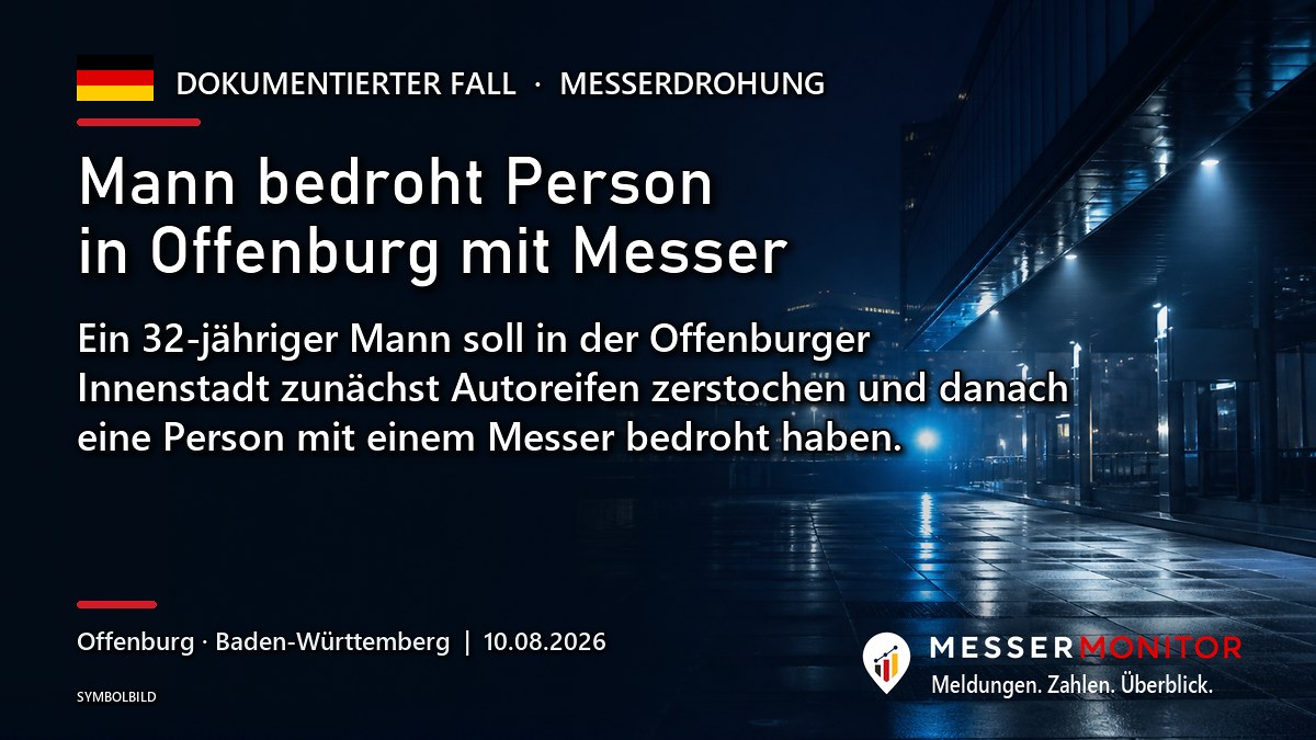 Titelgrafik: Mann bedroht Person in Offenburg mit Messer. Ein 32-jähriger Mann soll in der Offenburger Innenstadt zunächst Autoreifen zerstochen und danach eine Person mit einem Messer bedroht haben..