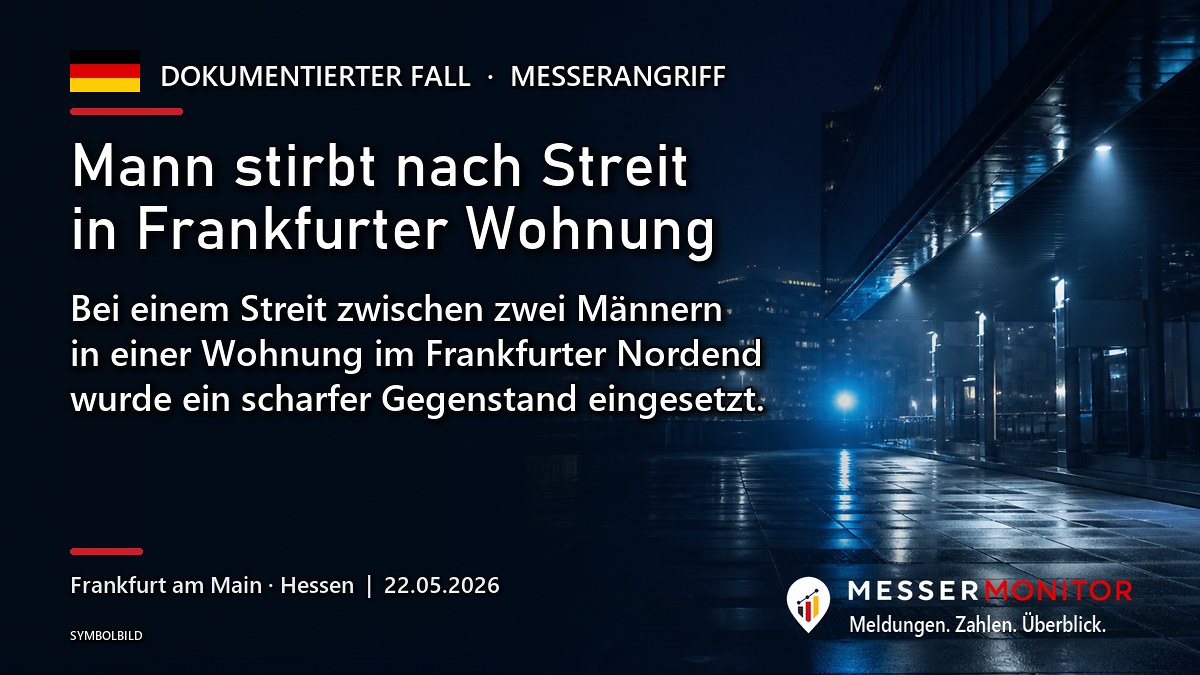 Titelgrafik: Mann stirbt nach Streit in Frankfurter Wohnung. Bei einem Streit zwischen zwei Männern in einer Wohnung im Frankfurter Nordend wurde ein scharfer Gegenstand eingesetzt..