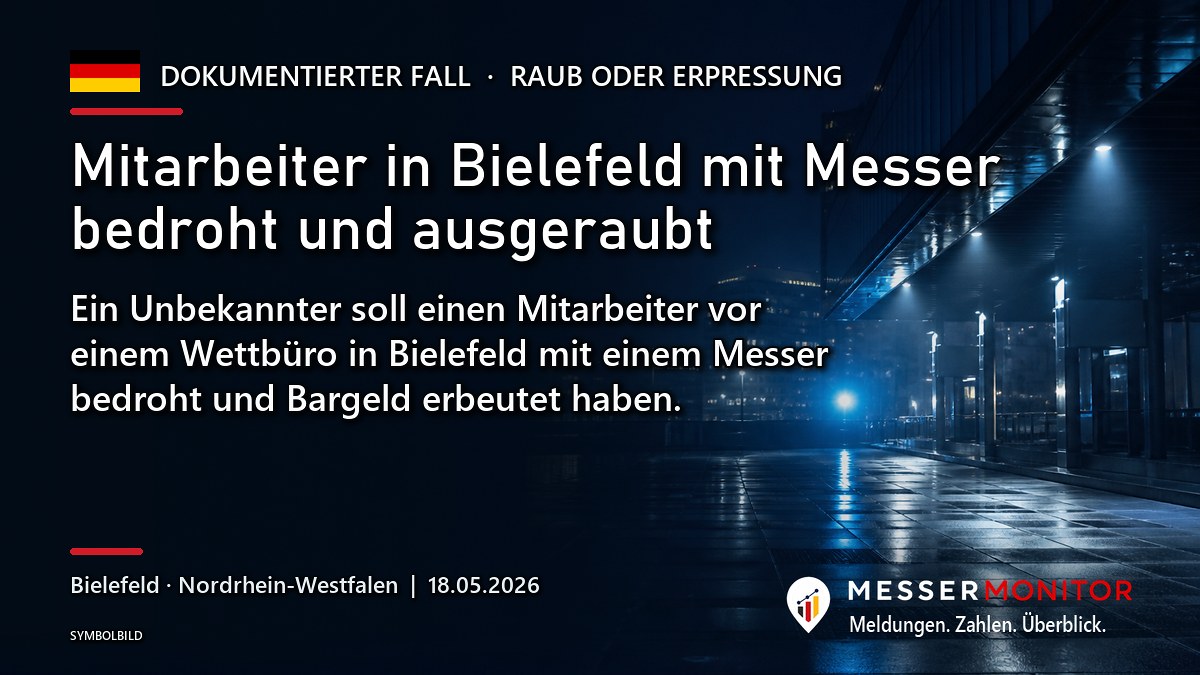 Titelgrafik: Mitarbeiter in Bielefeld mit Messer bedroht und ausgeraubt. Ein Unbekannter soll einen Mitarbeiter vor einem Wettbüro in Bielefeld mit einem Messer bedroht und Bargeld erbeutet haben..