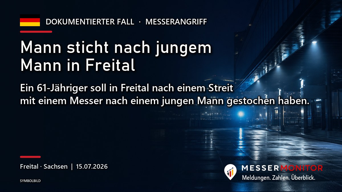 Titelgrafik: Mann sticht nach jungem Mann in Freital. Ein 61-Jähriger soll in Freital nach einem Streit mit einem Messer nach einem jungen Mann gestochen haben..