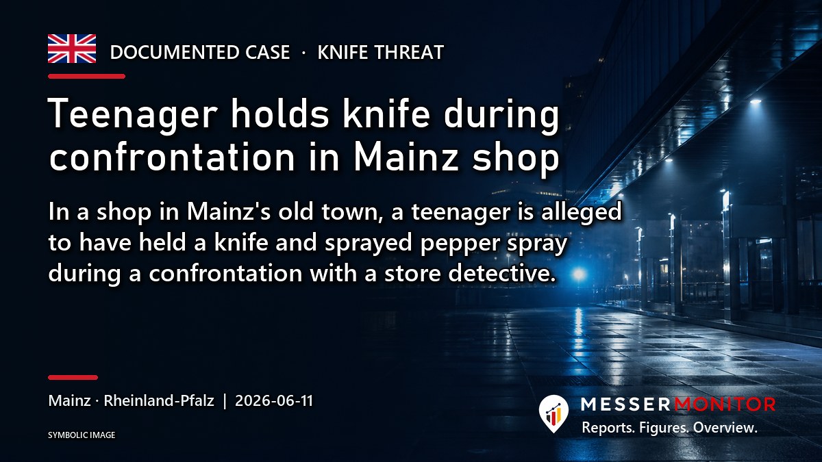Title image: Teenager holds knife during confrontation in Mainz shop. In a shop in Mainz's old town, a teenager is alleged to have held a knife and sprayed pepper spray during a confrontation with a store detective..