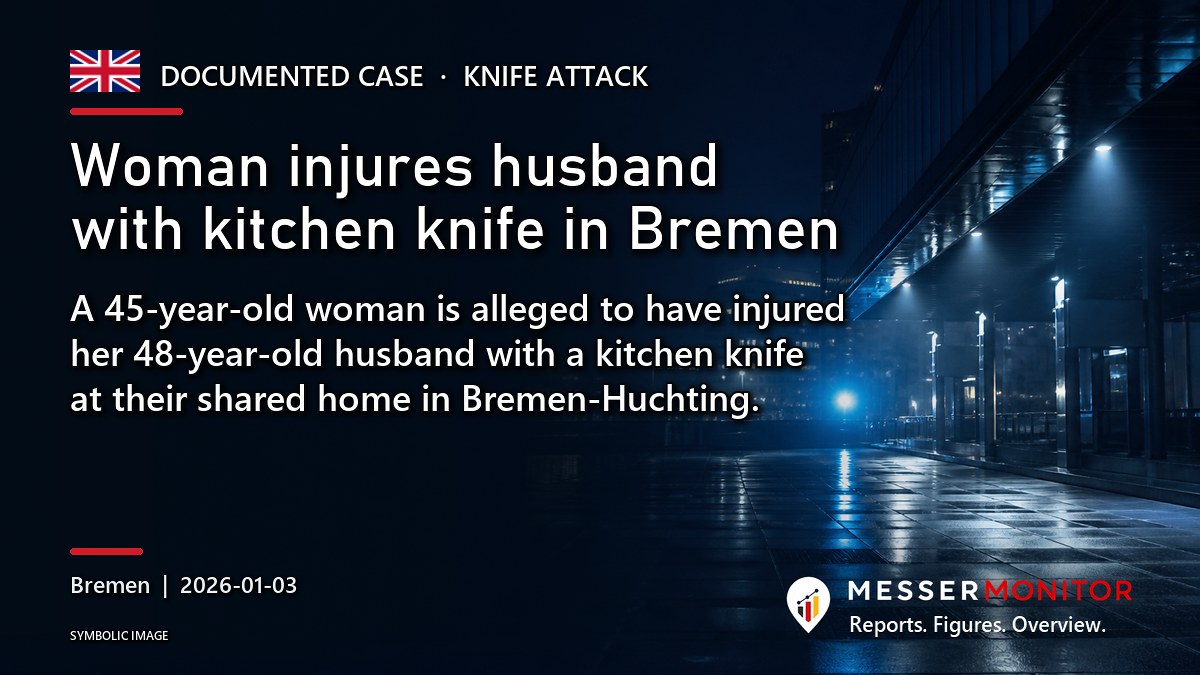 Title image: Woman injures husband with kitchen knife in Bremen. A 45-year-old woman is alleged to have injured her 48-year-old husband with a kitchen knife at their shared home in Bremen-Huchting..