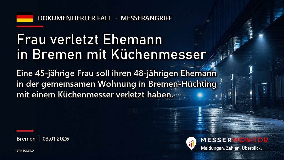 Titelgrafik: Frau verletzt Ehemann in Bremen mit Küchenmesser. Eine 45-jährige Frau soll ihren 48-jährigen Ehemann in der gemeinsamen Wohnung in Bremen-Huchting mit einem Küchenmesser verletzt haben..