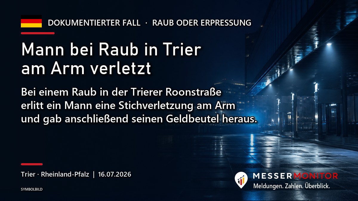 Titelgrafik: Mann bei Raub in Trier am Arm verletzt. Bei einem Raub in der Trierer Roonstraße erlitt ein Mann eine Stichverletzung am Arm und gab anschließend seinen Geldbeutel heraus..