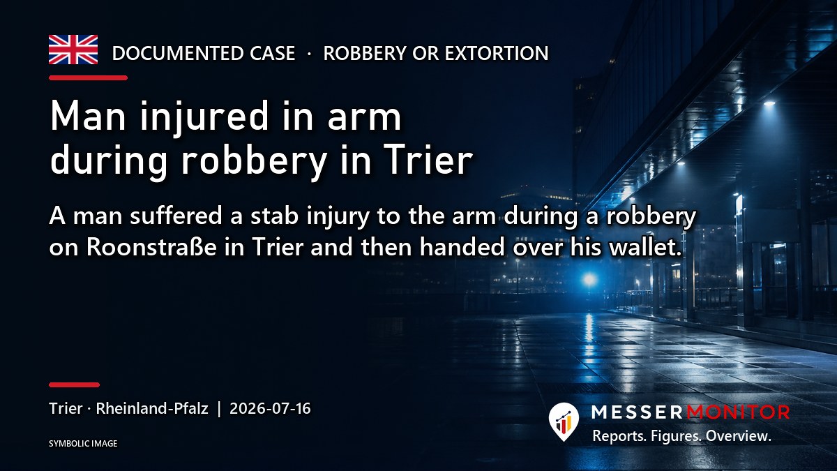 Title image: Man injured in arm during robbery in Trier. A man suffered a stab injury to the arm during a robbery on Roonstraße in Trier and then handed over his wallet..