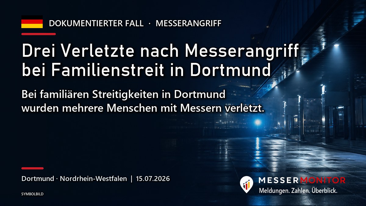 Titelgrafik: Drei Verletzte nach Messerangriff bei Familienstreit in Dortmund. Bei familiären Streitigkeiten in Dortmund wurden mehrere Menschen mit Messern verletzt..