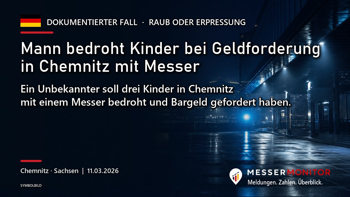 Titelgrafik: Mann bedroht Kinder bei Geldforderung in Chemnitz mit Messer. Ein Unbekannter soll drei Kinder in Chemnitz mit einem Messer bedroht und Bargeld gefordert haben..