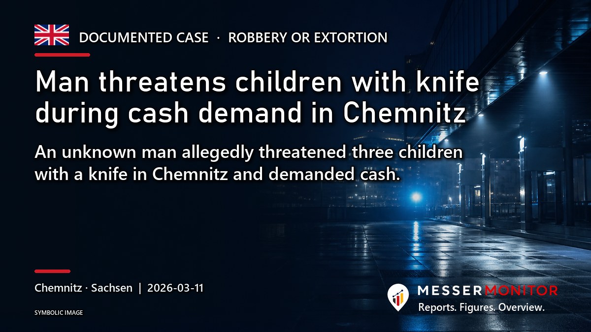 Title image: Man threatens children with knife during cash demand in Chemnitz. An unknown man allegedly threatened three children with a knife in Chemnitz and demanded cash..