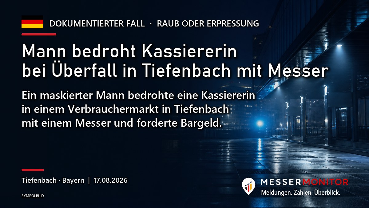 Titelgrafik: Mann bedroht Kassiererin bei Überfall in Tiefenbach mit Messer. Ein maskierter Mann bedrohte eine Kassiererin in einem Verbrauchermarkt in Tiefenbach mit einem Messer und forderte Bargeld..
