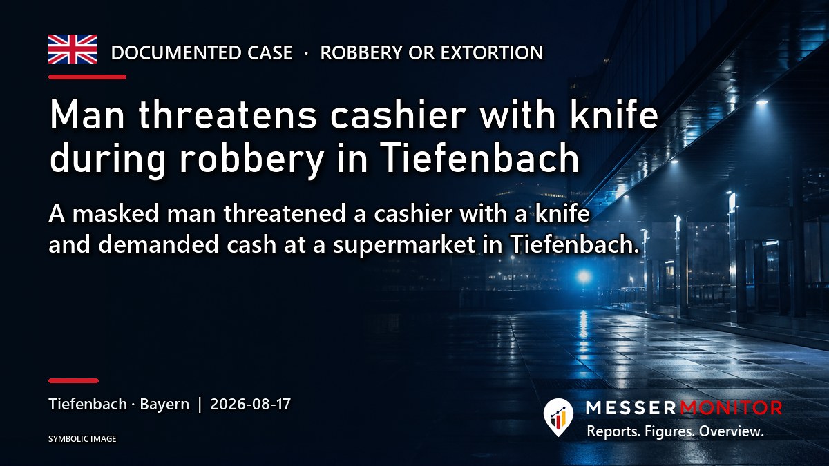 Title image: Man threatens cashier with knife during robbery in Tiefenbach. A masked man threatened a cashier with a knife and demanded cash at a supermarket in Tiefenbach..