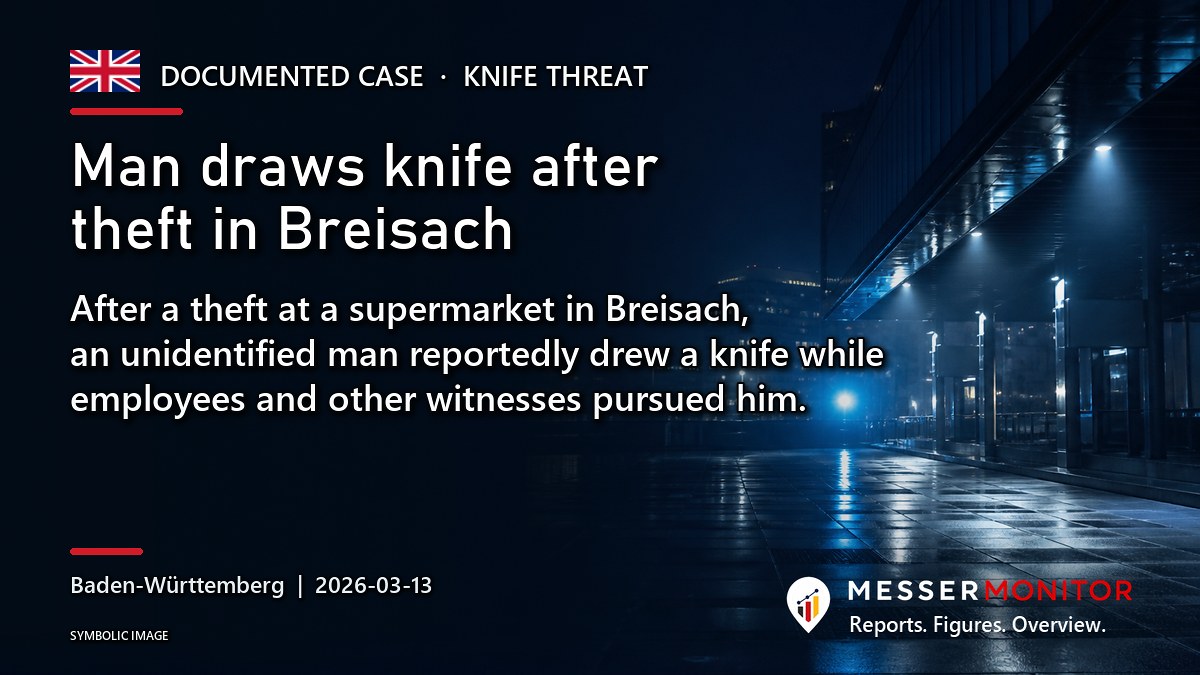 Title image: Man draws knife after theft in Breisach. After a theft at a supermarket in Breisach, an unidentified man reportedly drew a knife while employees and other witnesses pursued him..