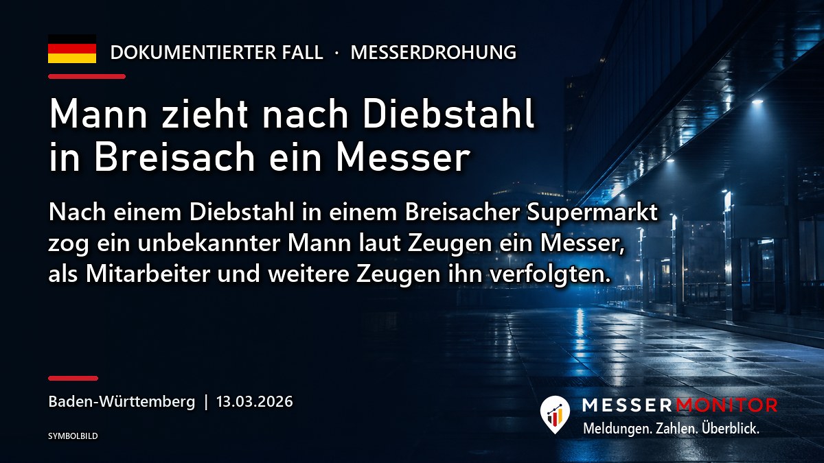 Titelgrafik: Mann zieht nach Diebstahl in Breisach ein Messer. Nach einem Diebstahl in einem Breisacher Supermarkt zog ein unbekannter Mann laut Zeugen ein Messer, als Mitarbeiter und weitere Zeugen ihn verfolgten..