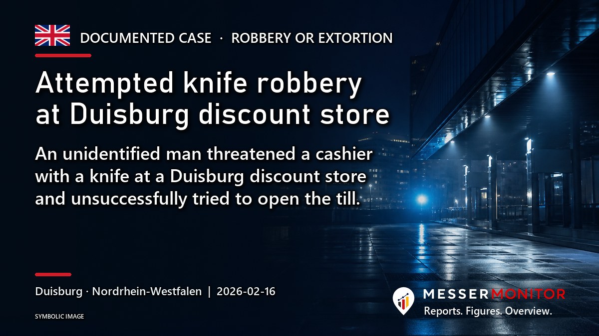 Title image: Attempted knife robbery at Duisburg discount store. An unidentified man threatened a cashier with a knife at a Duisburg discount store and unsuccessfully tried to open the till..