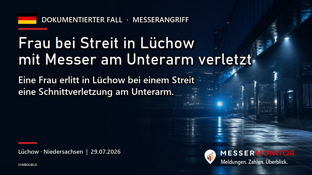 Titelgrafik: Frau bei Streit in Lüchow mit Messer am Unterarm verletzt. Eine Frau erlitt in Lüchow bei einem Streit eine Schnittverletzung am Unterarm..