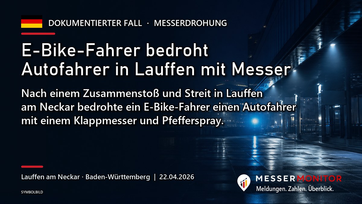 Titelgrafik: E-Bike-Fahrer bedroht Autofahrer in Lauffen mit Messer. Nach einem Zusammenstoß und Streit in Lauffen am Neckar bedrohte ein E-Bike-Fahrer einen Autofahrer mit einem Klappmesser und Pfefferspray..