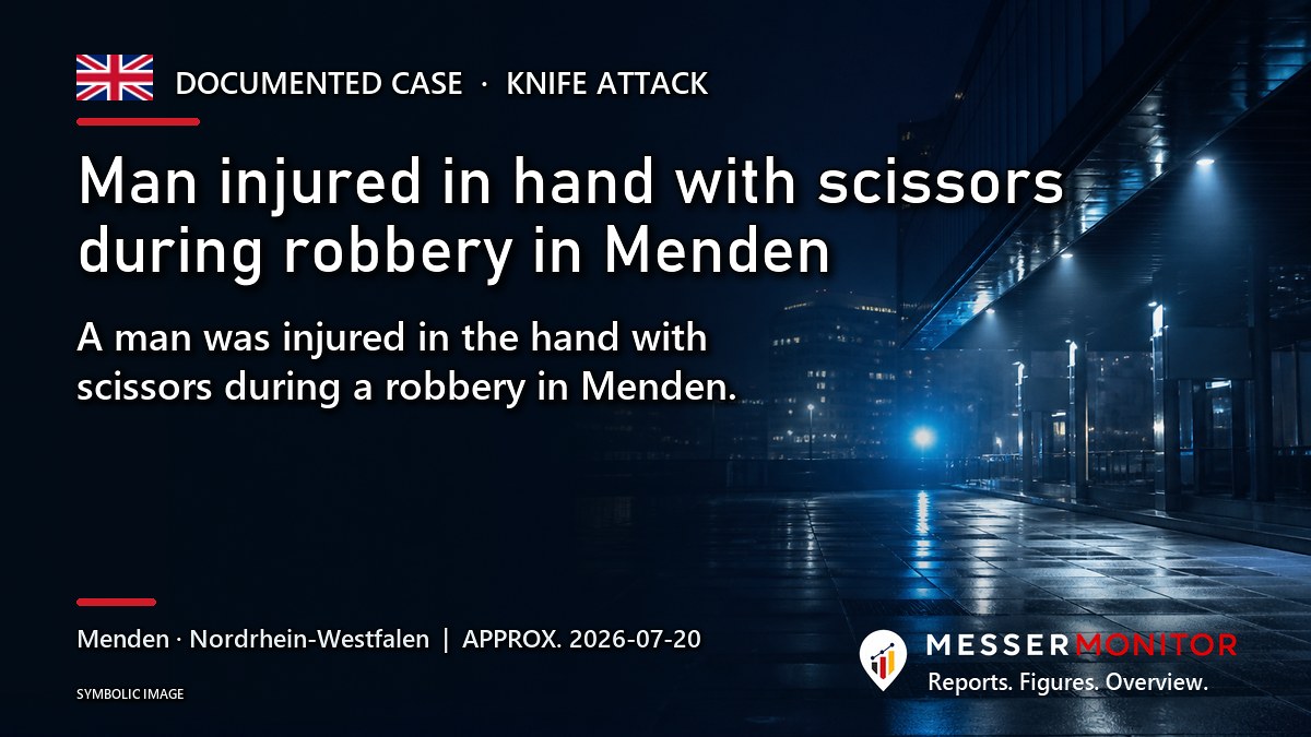 Title image: Man injured in hand with scissors during robbery in Menden. A man was injured in the hand with scissors during a robbery in Menden..