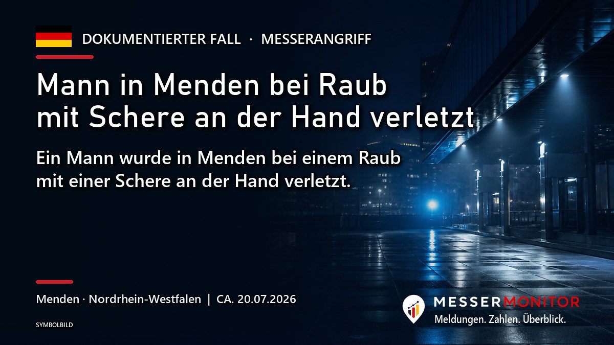 Titelgrafik: Mann in Menden bei Raub mit Schere an der Hand verletzt. Ein Mann wurde in Menden bei einem Raub mit einer Schere an der Hand verletzt..