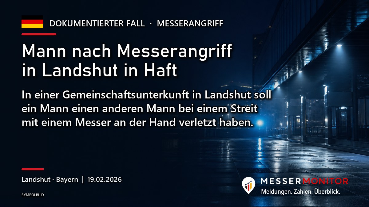 Titelgrafik: Mann nach Messerangriff in Landshut in Haft. In einer Gemeinschaftsunterkunft in Landshut soll ein Mann einen anderen Mann bei einem Streit mit einem Messer an der Hand verletzt haben..