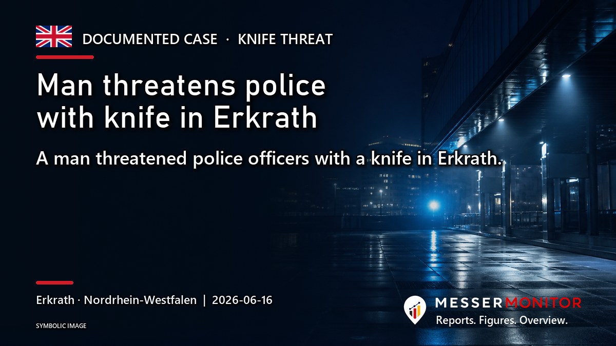 Title image: Man threatens police with knife in Erkrath. A man threatened police officers with a knife in Erkrath..