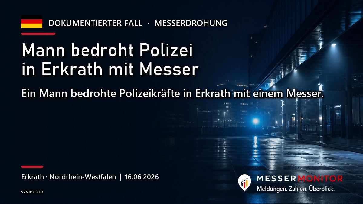 Titelgrafik: Mann bedroht Polizei in Erkrath mit Messer. Ein Mann bedrohte Polizeikräfte in Erkrath mit einem Messer..