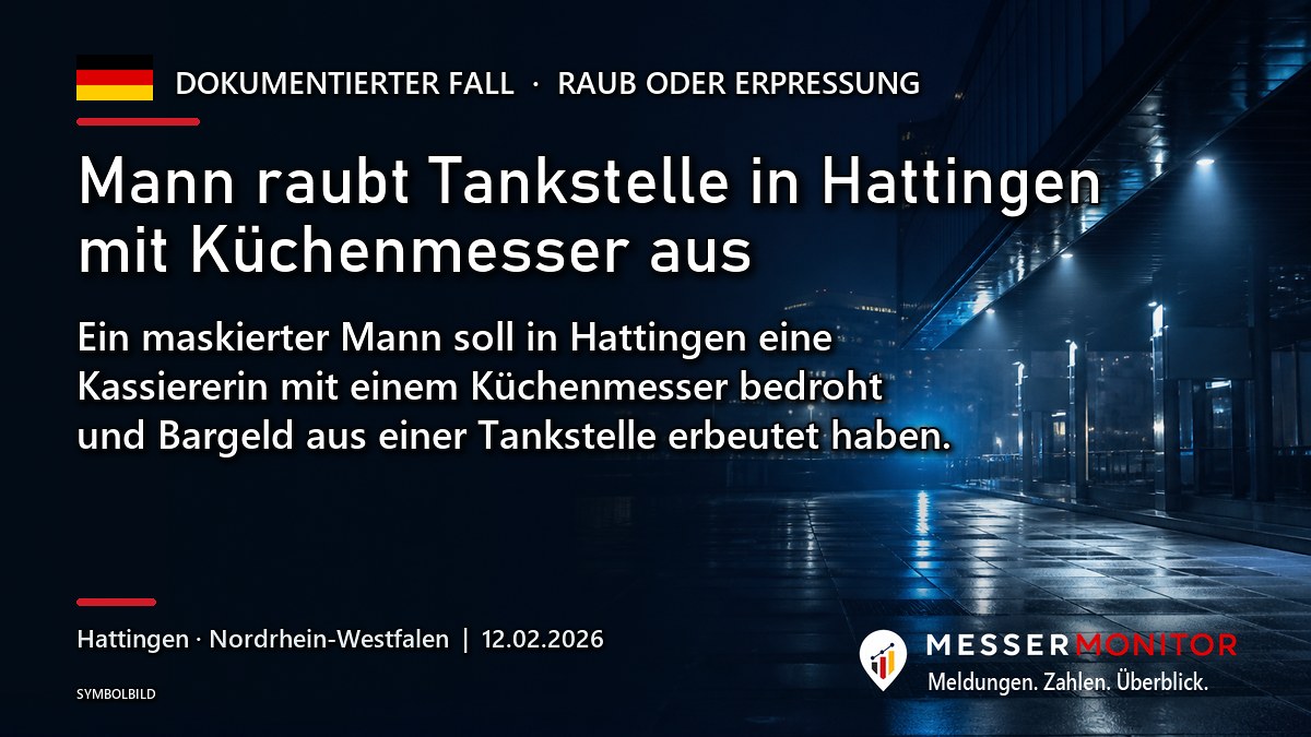 Titelgrafik: Mann raubt Tankstelle in Hattingen mit Küchenmesser aus. Ein maskierter Mann soll in Hattingen eine Kassiererin mit einem Küchenmesser bedroht und Bargeld aus einer Tankstelle erbeutet haben..
