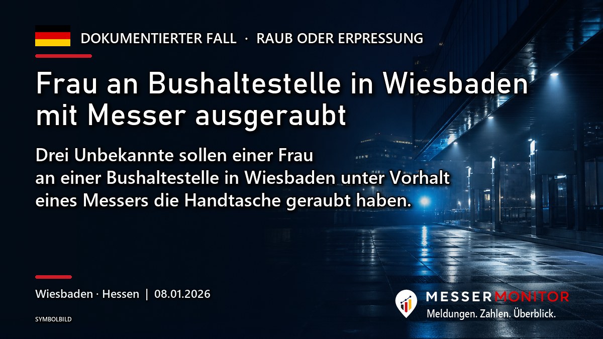 Titelgrafik: Frau an Bushaltestelle in Wiesbaden mit Messer ausgeraubt. Drei Unbekannte sollen einer Frau an einer Bushaltestelle in Wiesbaden unter Vorhalt eines Messers die Handtasche geraubt haben..
