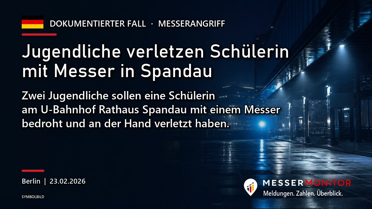 Titelgrafik: Jugendliche verletzen Schülerin mit Messer in Spandau. Zwei Jugendliche sollen eine Schülerin am U-Bahnhof Rathaus Spandau mit einem Messer bedroht und an der Hand verletzt haben..