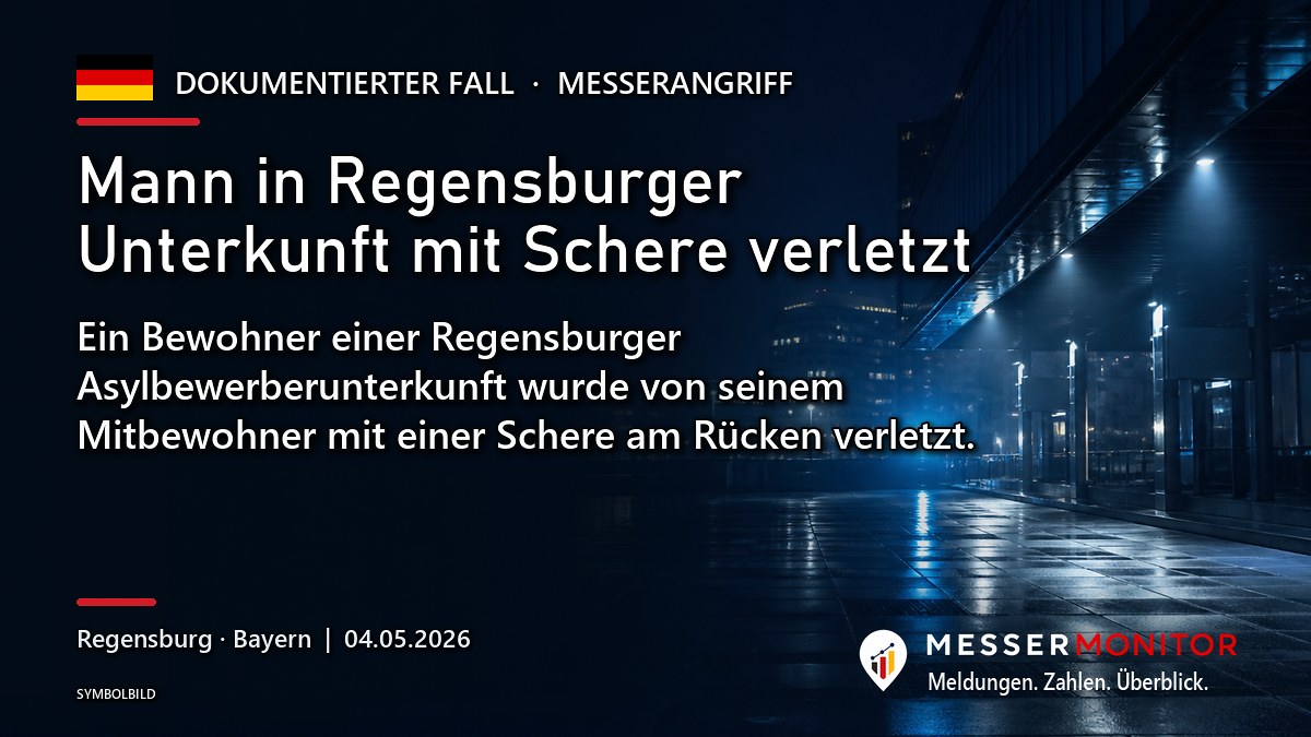 Titelgrafik: Mann in Regensburger Unterkunft mit Schere verletzt. Ein Bewohner einer Regensburger Asylbewerberunterkunft wurde von seinem Mitbewohner mit einer Schere am Rücken verletzt..