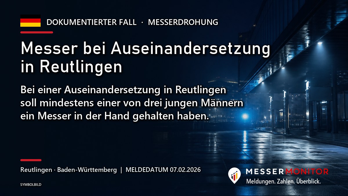 Titelgrafik: Messer bei Auseinandersetzung in Reutlingen. Bei einer Auseinandersetzung in Reutlingen soll mindestens einer von drei jungen Männern ein Messer in der Hand gehalten haben..