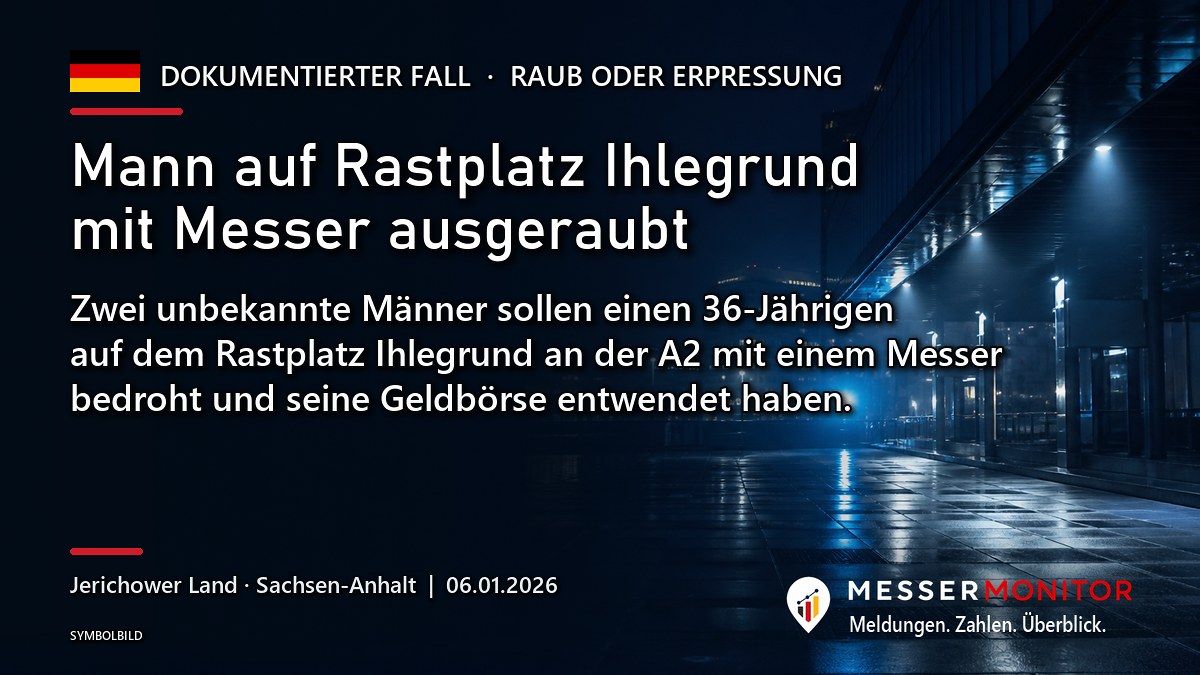 Titelgrafik: Mann auf Rastplatz Ihlegrund mit Messer ausgeraubt. Zwei unbekannte Männer sollen einen 36-Jährigen auf dem Rastplatz Ihlegrund an der A2 mit einem Messer bedroht und seine Geldbörse entwendet haben..
