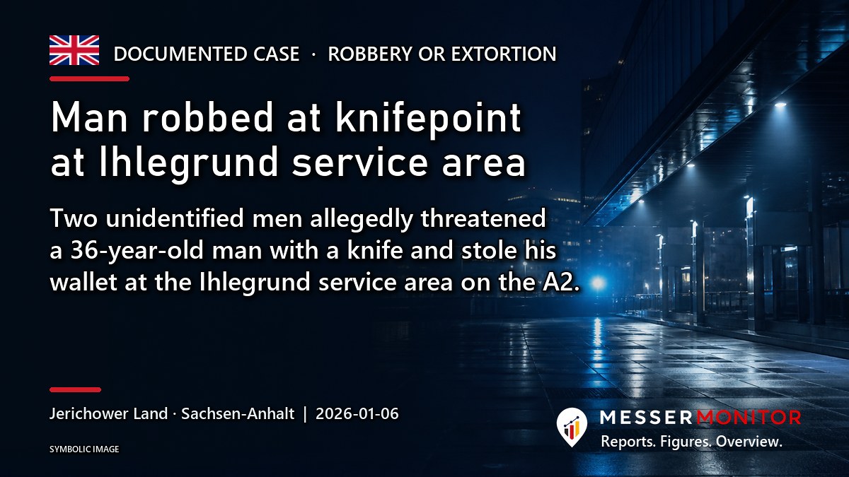 Title image: Man robbed at knifepoint at Ihlegrund service area. Two unidentified men allegedly threatened a 36-year-old man with a knife and stole his wallet at the Ihlegrund service area on the A2..