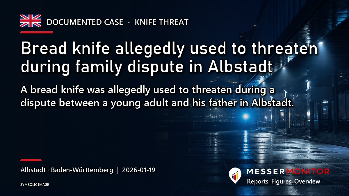 Title image: Bread knife allegedly used to threaten during family dispute in Albstadt. A bread knife was allegedly used to threaten during a dispute between a young adult and his father in Albstadt..
