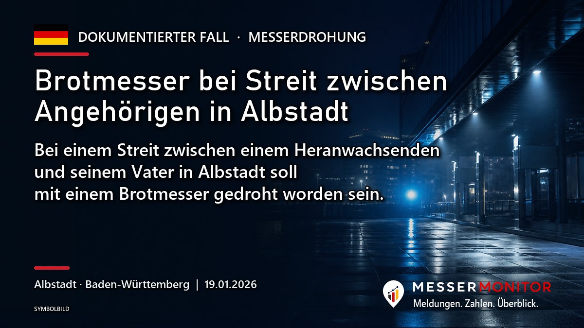 Titelgrafik: Brotmesser bei Streit zwischen Angehörigen in Albstadt. Bei einem Streit zwischen einem Heranwachsenden und seinem Vater in Albstadt soll mit einem Brotmesser gedroht worden sein..