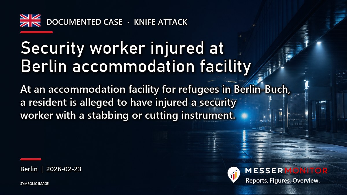 Title image: Security worker injured at Berlin accommodation facility. At an accommodation facility for refugees in Berlin-Buch, a resident is alleged to have injured a security worker with a stabbing or cutting instrument..