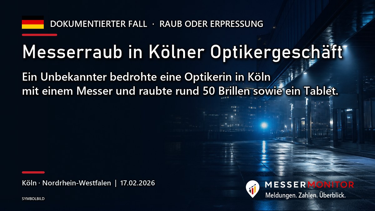 Titelgrafik: Messerraub in Kölner Optikergeschäft. Ein Unbekannter bedrohte eine Optikerin in Köln mit einem Messer und raubte rund 50 Brillen sowie ein Tablet..