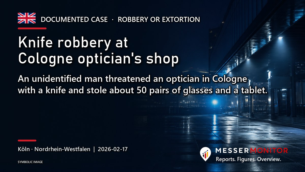 Title image: Knife robbery at Cologne optician's shop. An unidentified man threatened an optician in Cologne with a knife and stole about 50 pairs of glasses and a tablet..