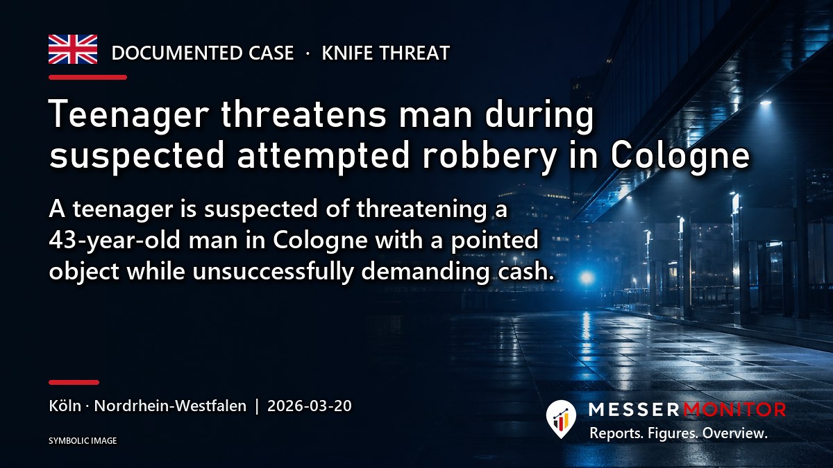 Title image: Teenager threatens man during suspected attempted robbery in Cologne. A teenager is suspected of threatening a 43-year-old man in Cologne with a pointed object while unsuccessfully demanding cash..
