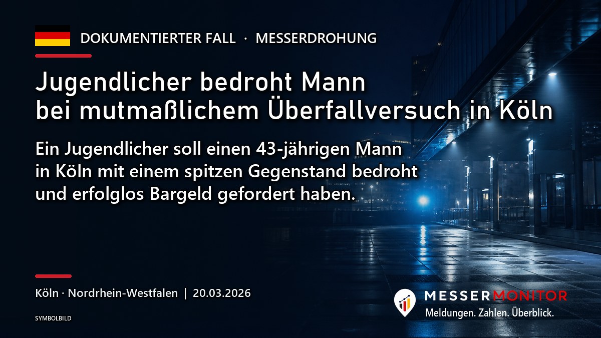 Titelgrafik: Jugendlicher bedroht Mann bei mutmaßlichem Überfallversuch in Köln. Ein Jugendlicher soll einen 43-jährigen Mann in Köln mit einem spitzen Gegenstand bedroht und erfolglos Bargeld gefordert haben..