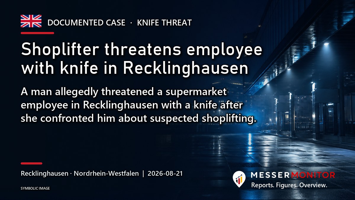 Title image: Shoplifter threatens employee with knife in Recklinghausen. A man allegedly threatened a supermarket employee in Recklinghausen with a knife after she confronted him about suspected shoplifting..