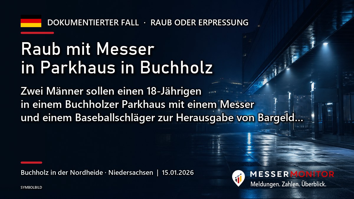 Titelgrafik: Raub mit Messer in Parkhaus in Buchholz. Zwei Männer sollen einen 18-Jährigen in einem Buchholzer Parkhaus mit einem Messer und einem Baseballschläger zur Herausgabe von Bargeld….