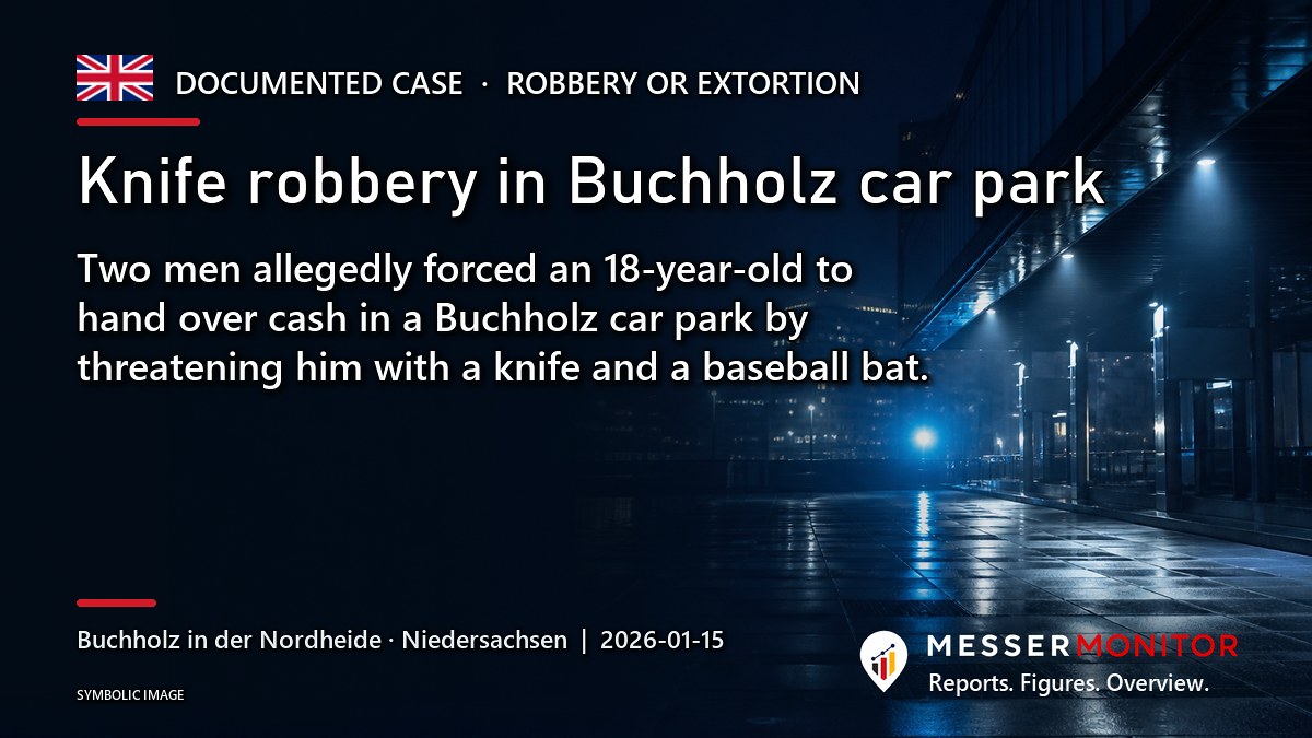 Title image: Knife robbery in Buchholz car park. Two men allegedly forced an 18-year-old to hand over cash in a Buchholz car park by threatening him with a knife and a baseball bat..