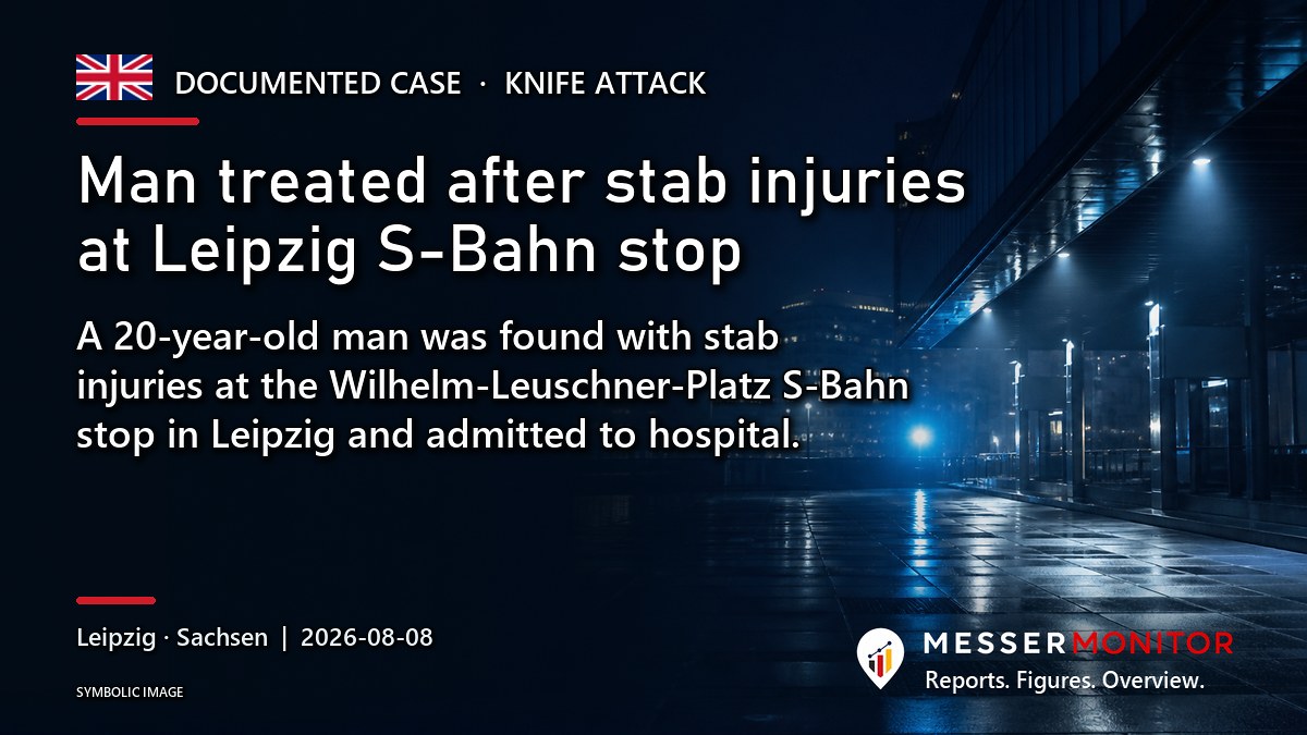 Title image: Man treated after stab injuries at Leipzig S-Bahn stop. A 20-year-old man was found with stab injuries at the Wilhelm-Leuschner-Platz S-Bahn stop in Leipzig and admitted to hospital..