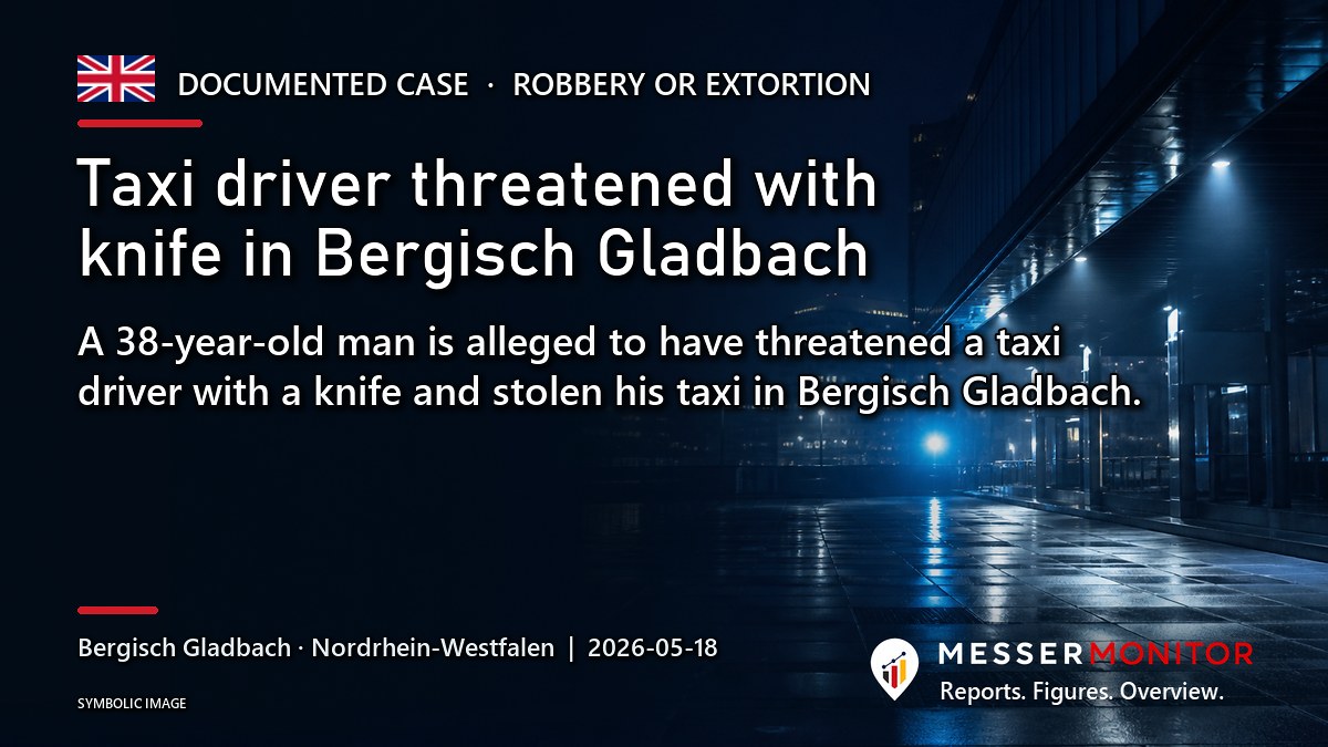 Title image: Taxi driver threatened with knife in Bergisch Gladbach. A 38-year-old man is alleged to have threatened a taxi driver with a knife and stolen his taxi in Bergisch Gladbach..