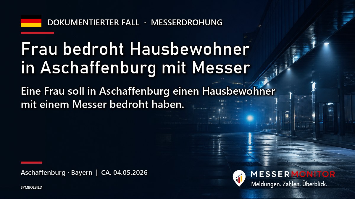 Titelgrafik: Frau bedroht Hausbewohner in Aschaffenburg mit Messer. Eine Frau soll in Aschaffenburg einen Hausbewohner mit einem Messer bedroht haben..