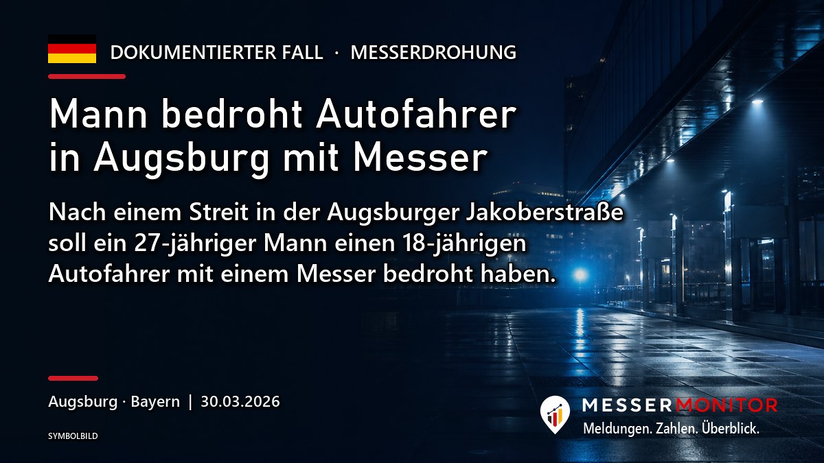 Titelgrafik: Mann bedroht Autofahrer in Augsburg mit Messer. Nach einem Streit in der Augsburger Jakoberstraße soll ein 27-jähriger Mann einen 18-jährigen Autofahrer mit einem Messer bedroht haben..