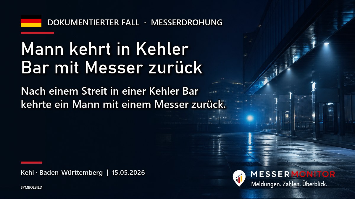 Titelgrafik: Mann kehrt in Kehler Bar mit Messer zurück. Nach einem Streit in einer Kehler Bar kehrte ein Mann mit einem Messer zurück..