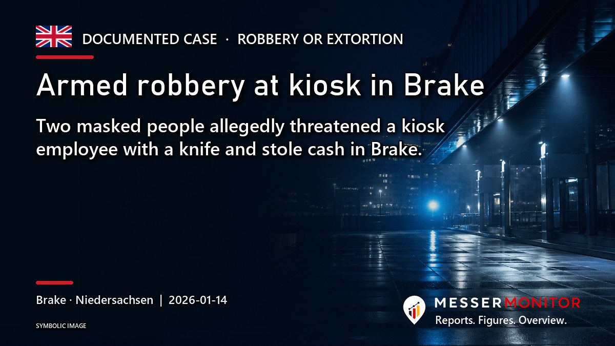 Title image: Armed robbery at kiosk in Brake. Two masked people allegedly threatened a kiosk employee with a knife and stole cash in Brake..