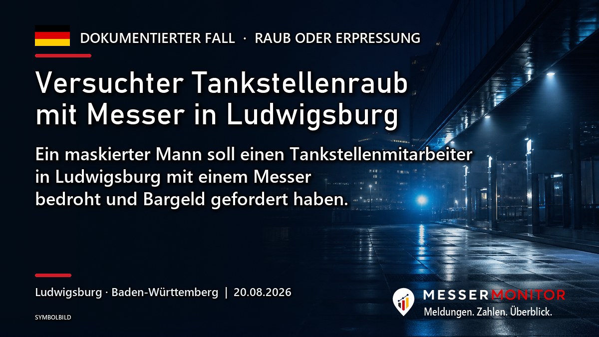 Titelgrafik: Versuchter Tankstellenraub mit Messer in Ludwigsburg. Ein maskierter Mann soll einen Tankstellenmitarbeiter in Ludwigsburg mit einem Messer bedroht und Bargeld gefordert haben..